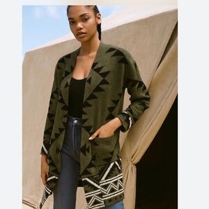 Frye Olive and Black Geometric Cardigan With Pockets. EUC Size L